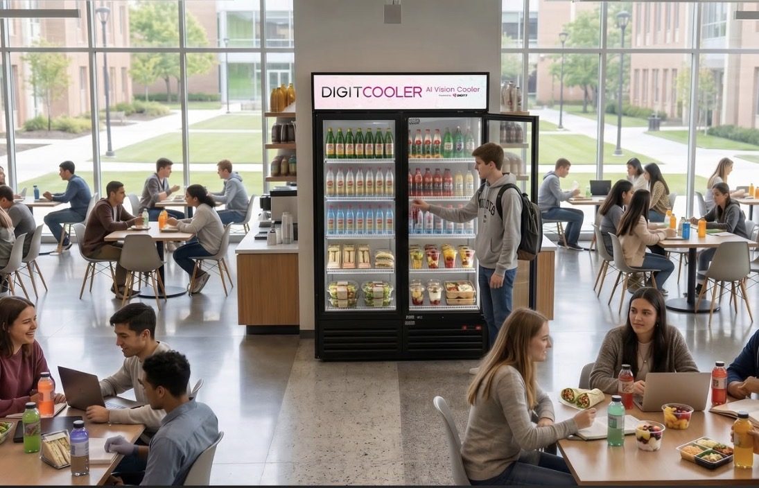 A smart cooler with drinks, sandwiches, and salads in a busy campus dining hall full of students