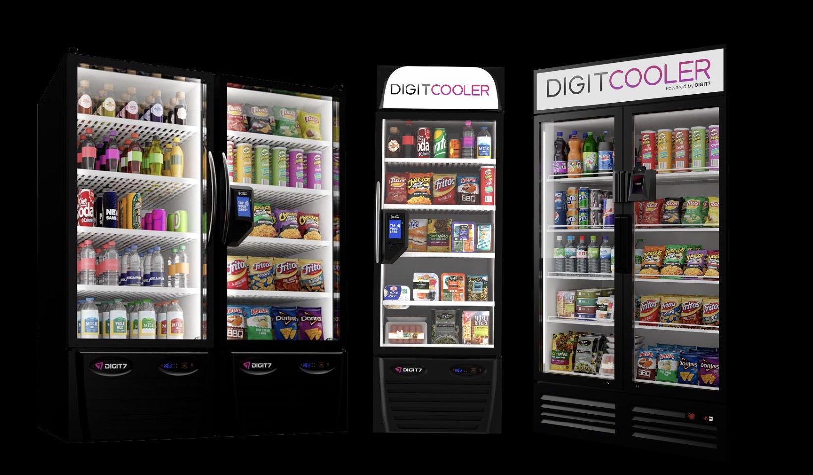 The smart cooler family: double-door, single-door, and slim units side by side