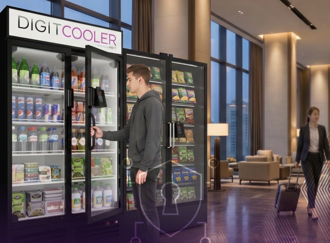 A guest opens a smart cooler in an upscale hotel lobby at dusk